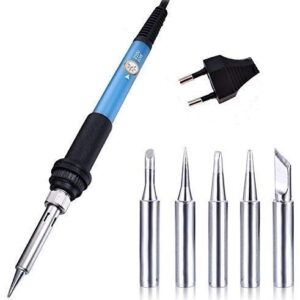 60W 220V Temperature Adjustable Electric Welding Solder Soldering Iron Rework Station Handle Heat Pencil Tool -Blue (Soldering Iron With Bits)