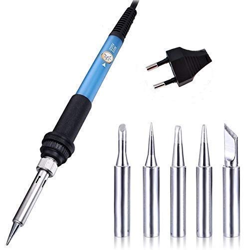 60W 220V Temperature Adjustable Electric Welding Solder Soldering Iron Rework Station Handle Heat Pencil Tool -Blue (Soldering Iron With Bits)